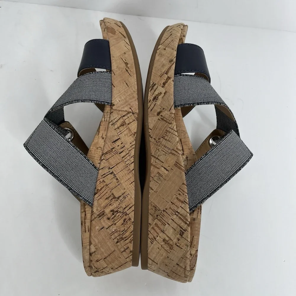 Hush Puppies Bounce Sandals Navy 6.5 M Leather Cork Wedge‎ Heel Stretch Comfort